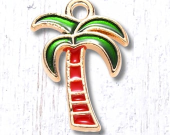 Palm tree charms, 10 pcs, 18x13mm alloy with enamel, tropical tree charms with loop, light gold finish, for ocean beachy themed crafts