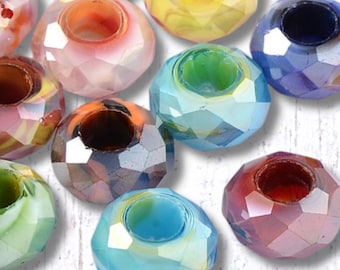 Large hole multicolor glass faceted beads, 13.5x7.5 mm assorted mixed color faceted European beads no metal core, 10 or 50 (C0117)
