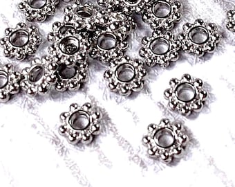 Metal daisy spacer beads, 5.5x1.5mm flat round beads with 2mm hole, antique silver colored metal layering beads for jewelry making, 100 pcs