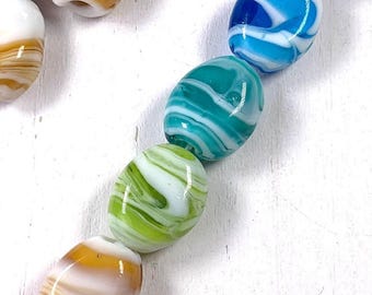 Lampwork glass focal beads, chunky ~21mm with 2mm hole, swirled glass flat oval beads, 10 large statement beads for jewelry crafts (A0036)