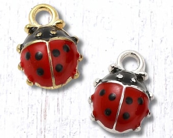 Ladybug charms, 10 pcs, 12.5x9mm alloy with enamel, mini ladybird charms with loop, garden insect theme charms with gold or silver finish