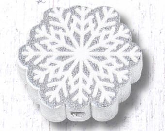 White snowflake wooden beads, 20 pcs, 18x19.5 mm, large 2mm+ hole beads for DIY garland, tassels, beadable items (C0124)