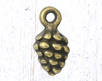 Mini pine cone charms, 20 pcs, antique bronze 13x6.5 mm tiny charms with loop for woodland themed jewelry (L0304)