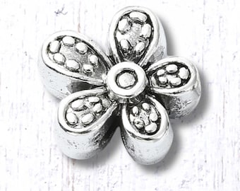 Metal flower spacer beads, alloy beads for jewelry, asymmetrical floral beads for bracelets, antique silver 12.5x12 mm, 1.5mm hole, 20 pcs