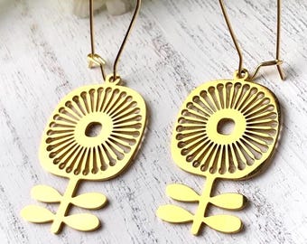 Retro dandelion dangle earrings, Scandinavian folk art style flower earrings, gold or silver finish, stainless steel ear wires, 2.1" length