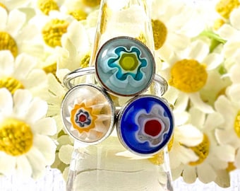 Millefiori glass flower ring, adjustable stackable stainless steel open cuff ring, lightweight glass jewelry, gift for her