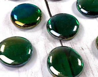 Jumbo iridescent emerald green glass gems, 15 pc, approx 32mm glass garden stones, mosaic glass cabochons, vase filler (E0185)