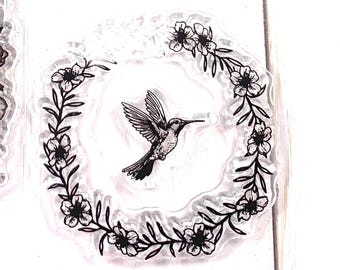 Florals with bird stamp set, 5 small plastic stamps with floral wreaths, robin, hummingbird for scrapbooking, planner, junk journal, cards