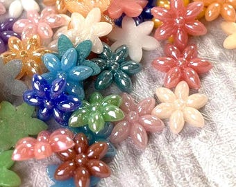 200 pcs glass flower cabochons for mosaics, 8 or 9.5mm opaque pearlized undrilled flat back cabs, mixed colors for jewelry, mosaics (B0081)