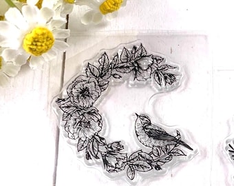 Florals with bird stamp set, 5 small plastic stamps with floral wreaths, robin, hummingbird for scrapbooking, planner, junk journal, cards