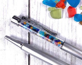 Set of 2 ballpoint pens with cultured sea glass, for ocean journal or wedding guest book, for beach lover, holiday coworker gift