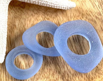 Sea glass style ring pendants, 3 pcs large hole frosted glass beads, unique freeform linking rings for jewelry making (C0136)