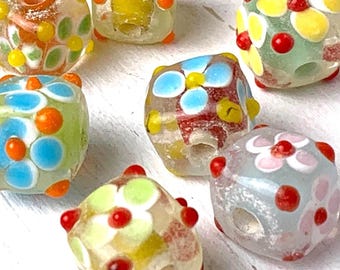 12 lampwork flower beads, approx. 10x10x10mm cushion cubes with enamel flowers, assorted colors with 4-petal flowers, limited offering