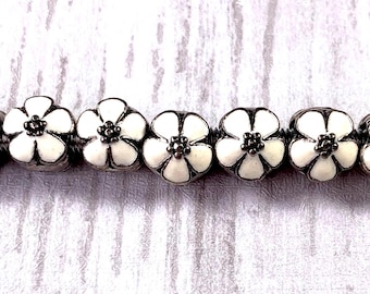 Large hole metal flower beads, alloy white enamel floral bead for DIY fairy wand or garden stake, European spacer bead for bracelets, 10 pcs