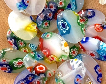 Millefiori glass flat oval flower beads, 18 pcs, approx 18x13mm, milky white glass with colorful flowers, large beads for jewelry (A0032)