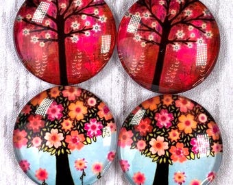 Folksy trees mixed printed glass cabochons for jewelry, assorted trees 30mm printed flat back cabochon for pendants, glass accents, 10 pc