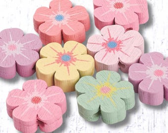 Wooden pastel flower beads, 20 pcs, 16mm w/ 1.5mm hole, cherry blossom shaped 5 petal beads for DIY garlands, macrame (C0124)