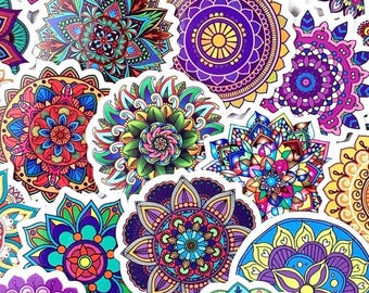 50 mandala stickers, 2" flower of life style patterned vinyl stickers, colorful boho accents for cards, scrapbooks, junk journals, tumblers