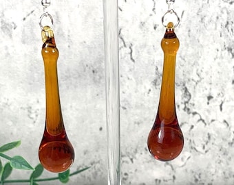 Amber glass raindrop earrings, amber glass teardrop dangle earrings, minimalistic water droplet jewelry, glass anniversary gift for wife