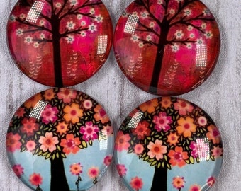 Folksy trees mixed printed glass cabochons for jewelry, assorted trees 30mm printed flat back cabochon for pendants, glass accents, 10 pc