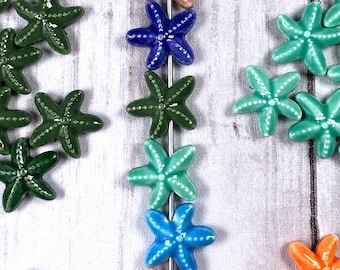Porcelain starfish beads, set of 10, 18mm with 1.4mm hole, ocean themed ceramic focal beads for beadable items, beachy jewelry (C0105)