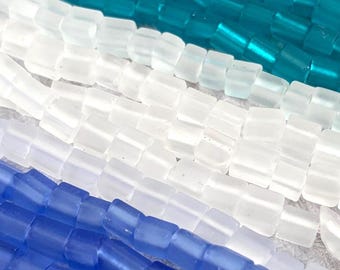 Sea glass style tube beads, approx. 450 pcs, 3-4 mm tiny frosted glass beads for crafting, small spacer beads for beachy jewelry (C0145)
