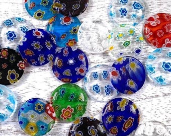 Millefiori glass round flower cabochons, 25 pcs, 15x2.5mm flat back undrilled cabs, glass craft supplies, colorful mosaic supplies (A0015)