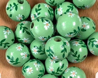 Floral painted wooden round beads, 15.5 mm large 3mm+ hole beads for DIY garland and tassels, wood beads for macrame and other crafts, 20 pc