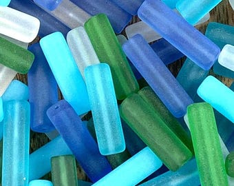 Tumbled sea glass tube beads, 19 pcs, 19mm frosted glass spacer beads for crafting, unique beads for jewelry making, CLOSEOUT (C0137)