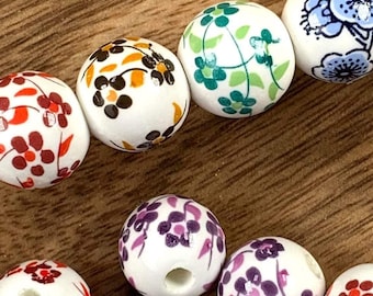 Ceramic flower beads for beadable items, round porcelain focal beads with floral print for jewelry, 12mm, big 3mm hole, 10 pcs (C0109)