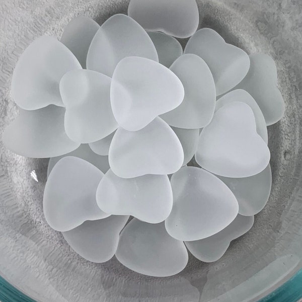 White tumbled glass hearts, glass heart confetti table scatter for ocean wedding table decor, sea glass cabochons for crafting mosaic, 25 pc