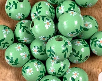 Floral painted wooden round beads, 15.5 mm large 3mm+ hole beads for DIY garland and tassels, wood beads for macrame and other crafts, 20 pc
