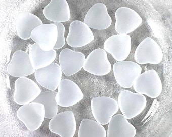 White tumbled glass heart cabochons, glass heart confetti table scatter for ocean wedding table decor, sea glass for crafting mosaics, 25 pc