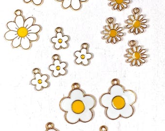 Set of 16 alloy white daisy charms for jewelry, cute daisy flower charms for earrings, enamel on gold tone, 4 each of 4 sizes/styles 12-21mm