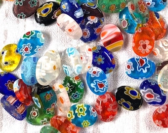 Millefiori glass tiny oval flower cabochons, approx. 8x6mm, 98 pcs, flat back undrilled glass crafts, jewelry making, mosaics (A0015)
