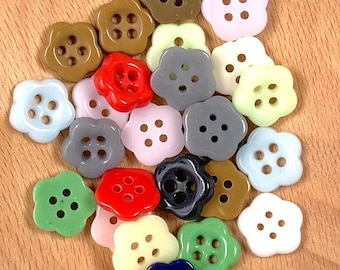Glass flower buttons, 25 pcs mixed assorted colors 5 petal flower shape buttons, 11.5mm 4 hole for button art, sewing, glass accents (A0007)