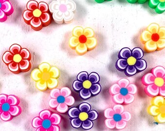 Polymer clay flower beads, 11-12mm with 2mm hole, 50 bright assorted color flower shaped beads, cute beads for bracelets, jewelry making