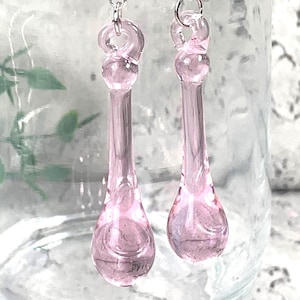 Pink glass raindrop earrings, soft pink glass teardrop dangle earrings, minimalistic water droplet jewelry glass anniversary gift for wife