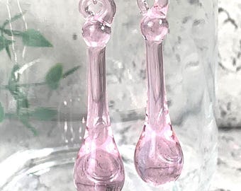 Pink glass raindrop earrings, soft pink glass teardrop dangle earrings, minimalistic water droplet jewelry glass anniversary gift for wife