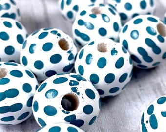 Teal and white polka dot wooden round beads, ~14mm with 4mm hole, 20 wood beads for DIY garlands, tassels, macrame and other craft projects
