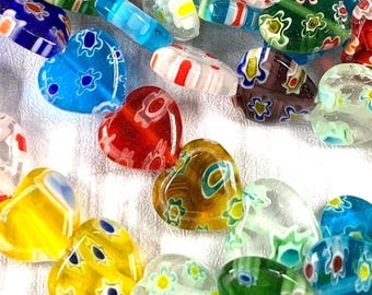 Millefiori glass heart beads, 28 pcs, 11.5mm multicolor necklace making supplies, mixed lot jewelry making beads, floral heart beads (A0032)