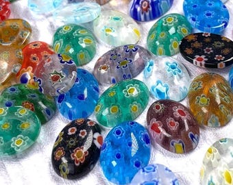 Millefiori glass oval flower cabochons, 50 pcs, ~14x10x4mm undrilled flat back cabs, assorted mix for jewelry, mosaics (A0015)