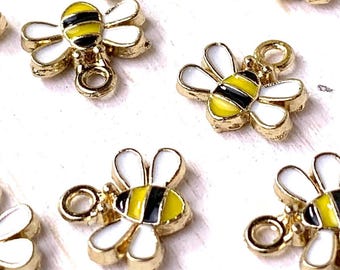 Mini bee charms, 10 pcs, alloy with enamel 10x10mm tiny honeybee charms with loop, garden insect theme charms with light gold finish