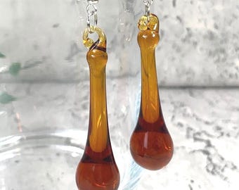 Amber glass raindrop earrings, amber glass teardrop dangle earrings, minimalistic water droplet jewelry, glass anniversary gift for wife