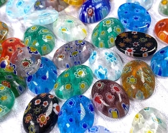 Millefiori glass oval flower cabochons, 50 pcs, ~14x10x4mm undrilled flat back cabs, assorted mix for jewelry, mosaics (A0015)
