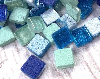 Square glitter glass mosaic tiles, approx. 210 pcs, 10x10 mm flat back glass cabs for Turkish lamps, mosaics, glass on glass art (B0075)