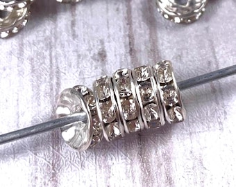 50 rhinestone spacer beads, 10mm with 2mm hole, sparkly beads for beadable pens, silvery or golden spacers with clear glass rhinestones