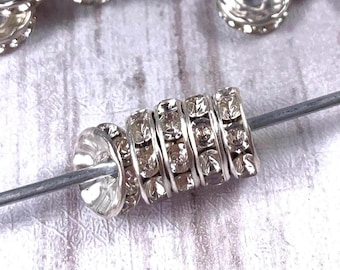 50 rhinestone spacer beads, 10mm with 2mm hole, sparkly beads for beadable pens, silvery or golden spacers with clear glass rhinestones