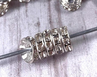 Rhinestone spacer beads, sparkly beads for beadable pens, silvery or golden spacers with clear glass rhinestones, 10mm, 2mm hole, 50 pcs