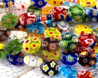 Millefiori glass flat oval flower beads, 9-13.5mm, 30-38 pcs, colorful glass floral beads for jewelry, mixed colors, blue, red (A0032)